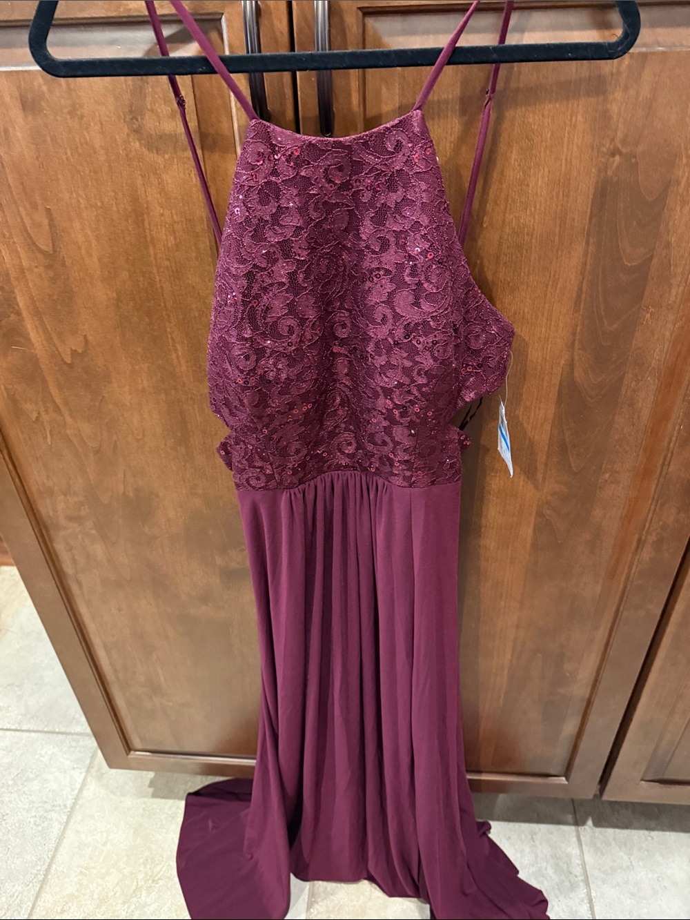 Morgan & Co. Lace Halter Lace Up Back Prom Gown in Wine